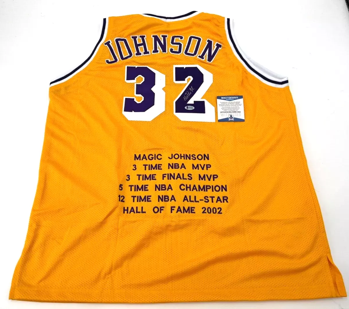 Magic Johnson Signed Lakers 31 x 35 Framed Jersey (JSA COA