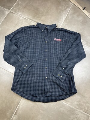 braves dress shirt Atlanta Braves Work Shirt Adult Large Mens Dress Shirt Antigua Blue Checker MLB