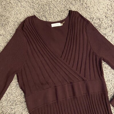 Calvin Klein NEW V-Neck Faux Wrap Pleated Long Sleeve Sweater Dress  Aubergine XL | eBay