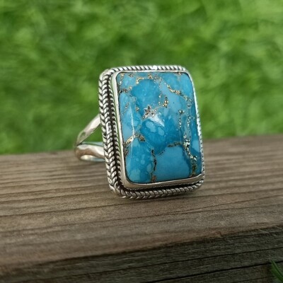 Blue Cooper Turquoise Cushion Gemstone 925 Sterling Silver Ring Fathers Day Gift