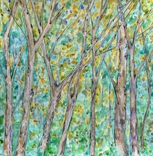 Original Watercolor Painting Tree Woods Landscape Forest Blue Green Gold Art