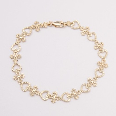Armband massiv 10K Gold 8,5 mm Herz & floral Kreuzglied Nugget Gelbgold
