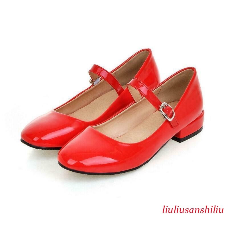 Women's Round Toe Mary Janes Block Heel Buckle Strap Patent Leather Shoes