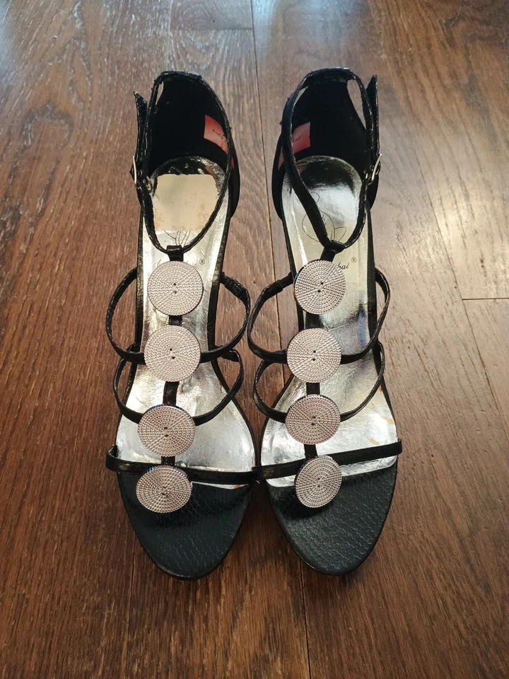 Baby Phat Black Snake Silver Discs 1" Platform 5" Heels Sexy Strappy Sandals 10 - Image 2 of 4