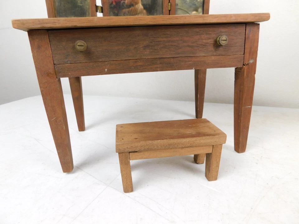 Antique Miniature Doll Arts Crafts Mission Wood Victorian Tri Fold Vanity +Stool - Image 4 of 4