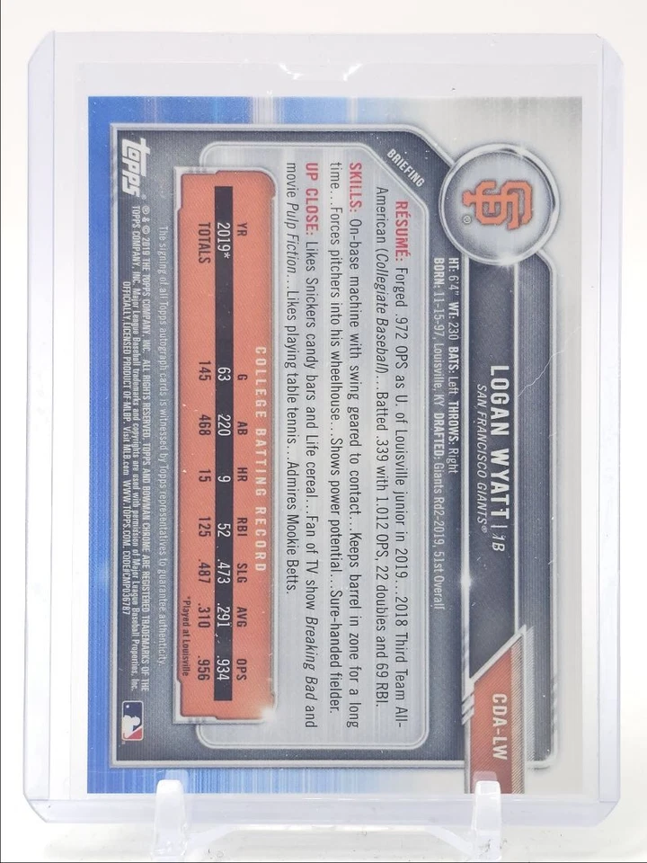 LOGAN WYATT 2019 BOWMAN CHROME DRAFT 1ST AUTOGRAPH GIANTS AUTO Q3882 - Image 2 of 2