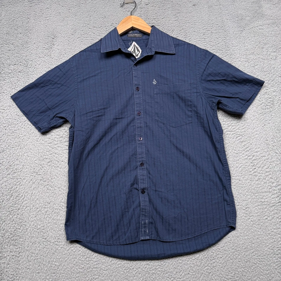 Volcom Shirt Mens Small Short Sleeve Button Up Blue Striped Logo Skater Cotton - Image 2 of 4