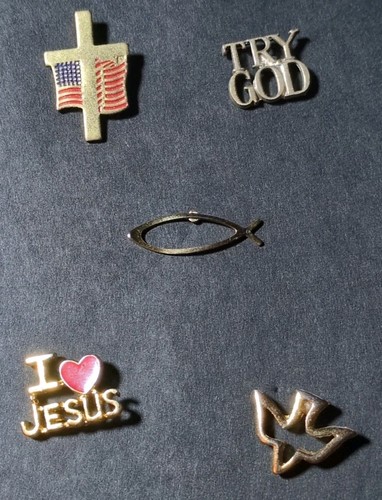 Religious Lot of 5 Gold Tone Lapel Pins Try God Cross Fish Dove I Love Jesus Vtg