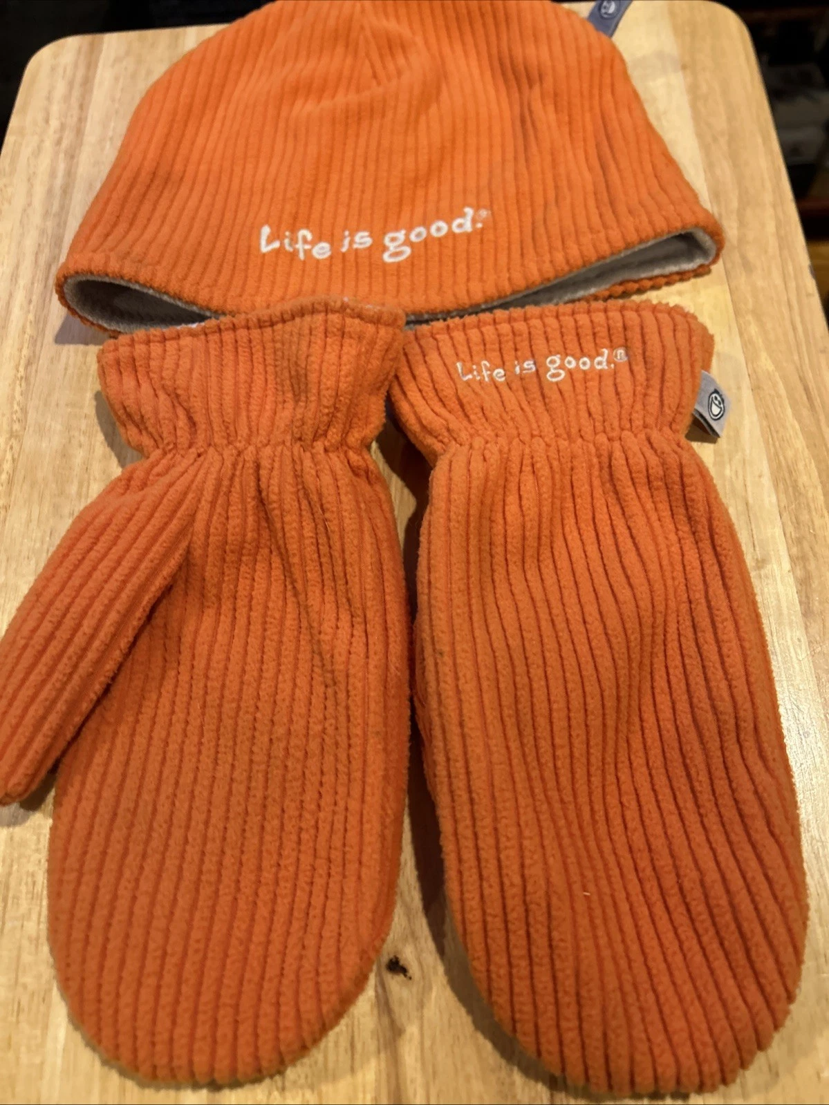 Life is Good Orange Corduroy Fleece Reversible Beanie & Mittens 10.5x7.5”