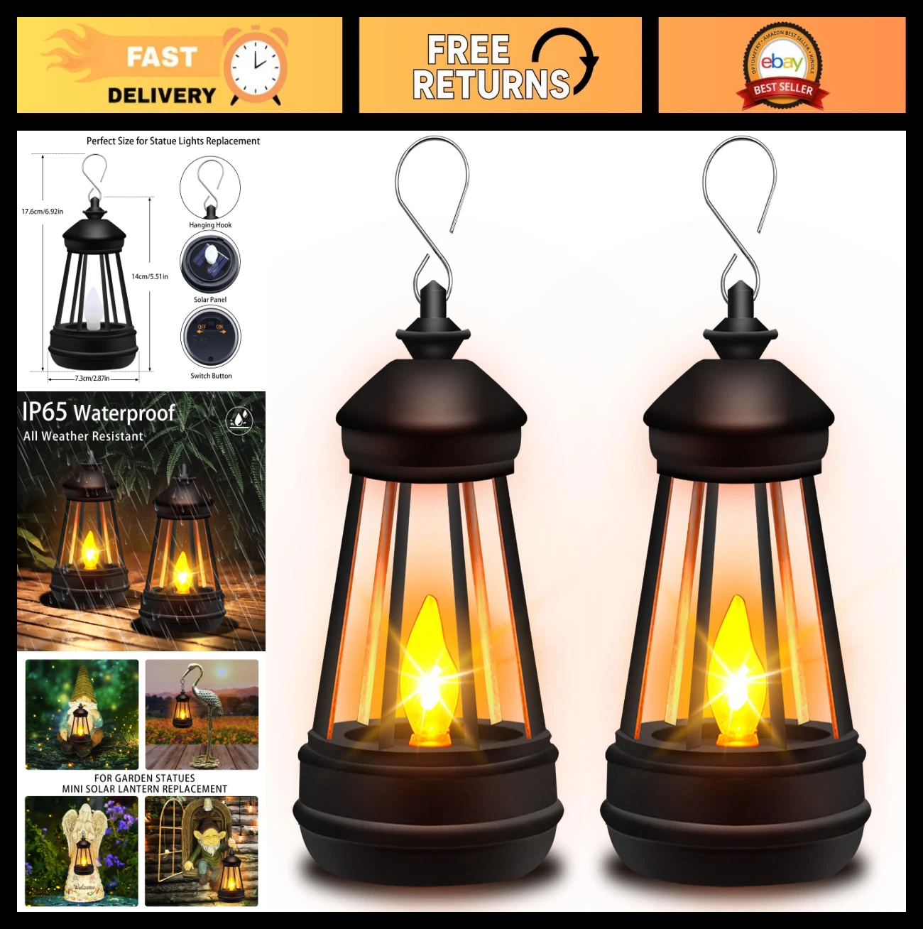Mini Solar Lantern Lights for Outdoor Statues - Waterproof Hanging Garden Decor,