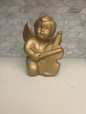 Cherub Baby Angel Figurine Gold Gilt Resin Pottery 7.5  Playing Violin Christmas