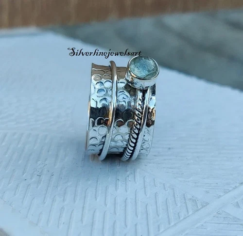 Aquamarine Spinner Ring: Handmade 925 Sterling Silver Anxiety Fidget  All Size