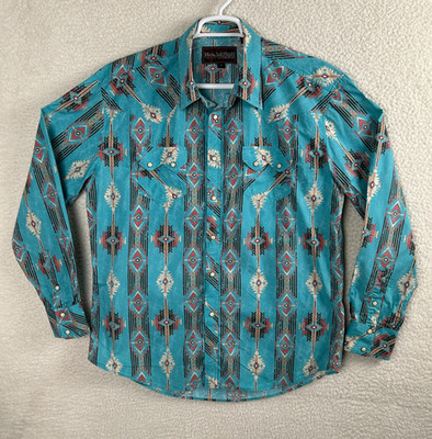 Rock Roll Cowboy Mens XL Teal Blue Aztec SW Western Pearl Snap Shirt