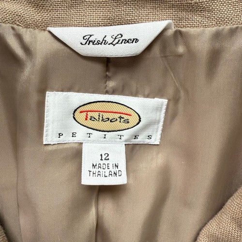 Talbots Women 12P 100% Irish Linen Blazer Tan Beige Three-Button Fully Lined - Picture 3 of 9