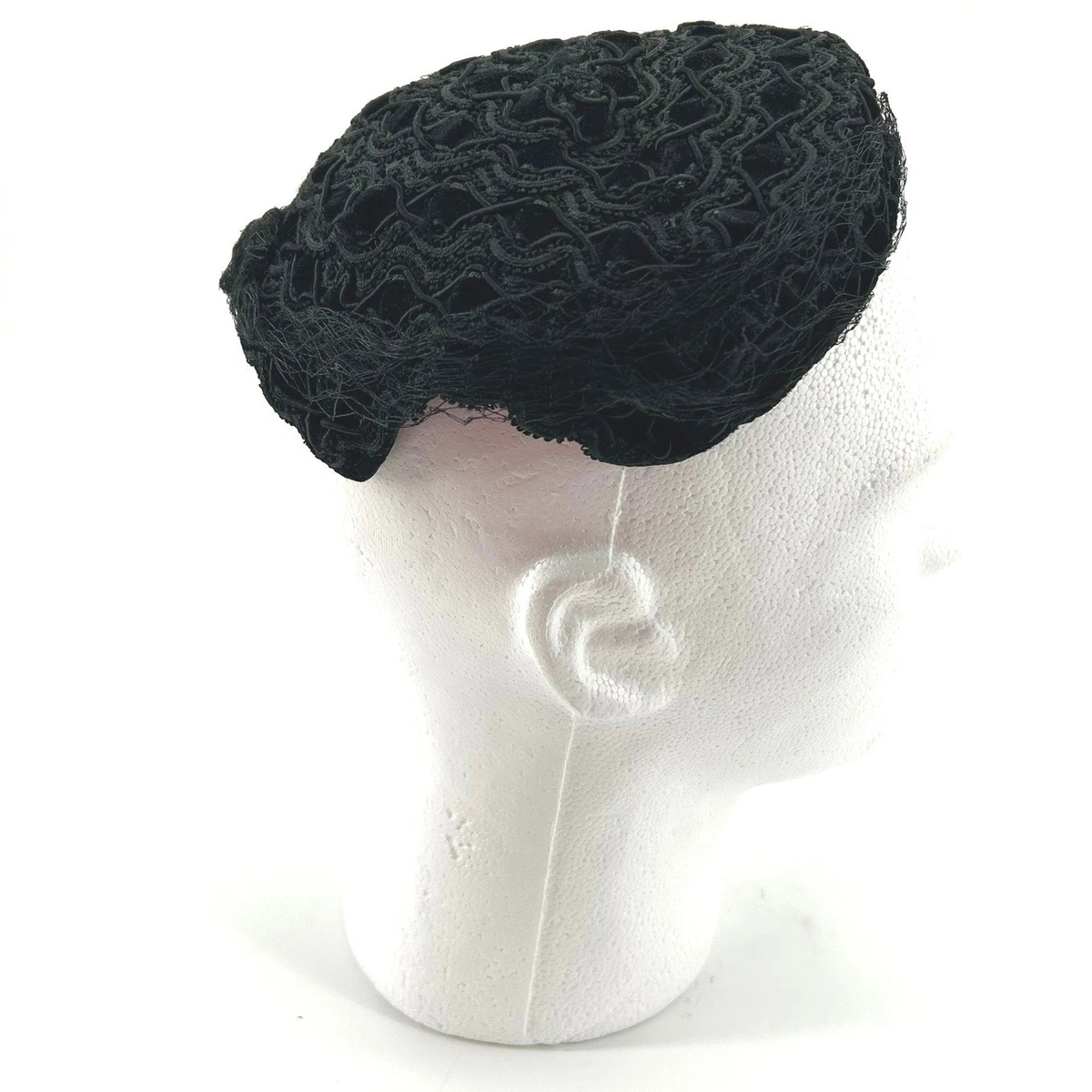 Vintage Lasdon New York Black Sculptural Satin Trim Cocktail Hat Small Vintage Black Satin Evening Hat with Glitter & Veil 1960s  main image 2