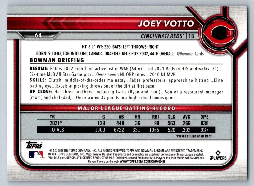 2022 Bowman Chrome SAPPHIRE #64 Joey Votto Cincinnati Reds - Image 2 of 2