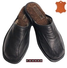 Chaussons Mules 100% Cuir Fourrure Laine Mouton Naturelle Chaudes P.40-45 Noir