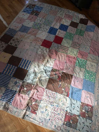 Vintage handmade quilt patchwork squares blocks cottage Feed sack Cutter