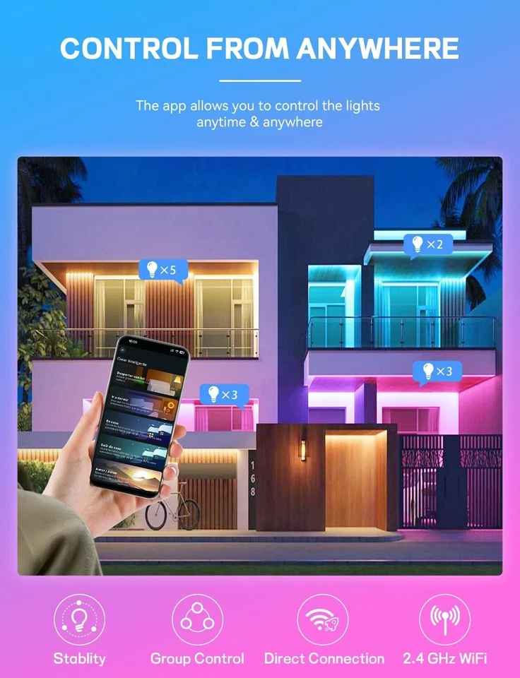 LED RGB Smart Light Bulb A19 9W 900LM Voice APP Bluetooth Control E26 4 Pack - Image 3 of 4