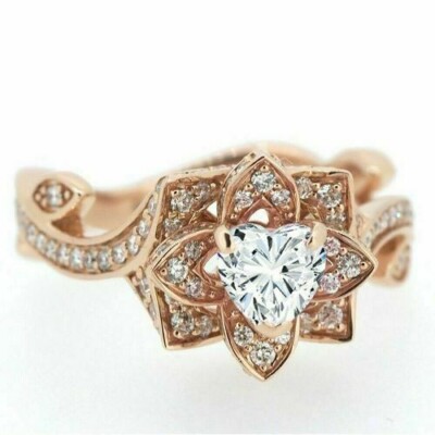 14K Rose Gold Finish 3CT Heart Shape Diamond Lab-Created Flower Engagement Ring