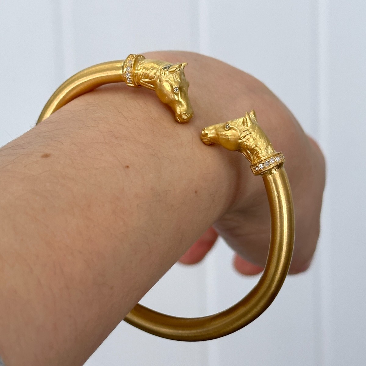 14K Yellow Gold Matte Two Horse Head Diamonds Bangle Cuff Bracelet 