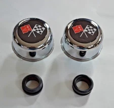 Chrome Valve Cover Breathers & Grommets CORVETTE FLAGS BLACK NEW SET 4 PIECE KIT