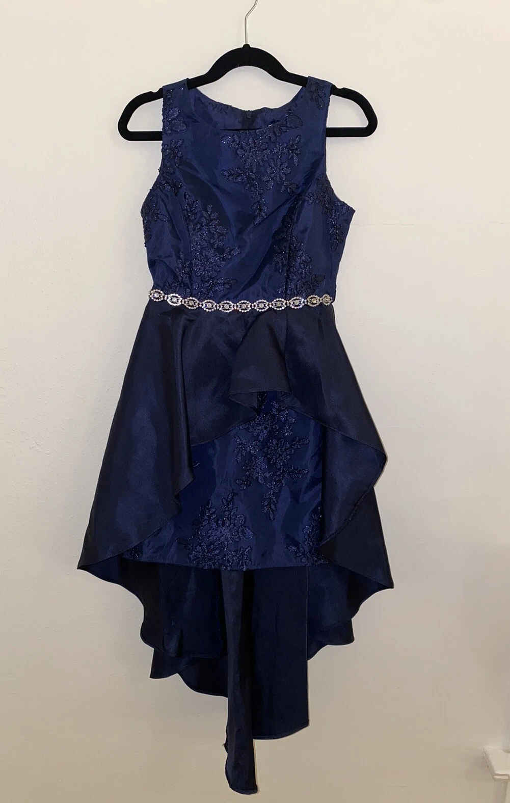Rare Editions Girls 7 Navy Satin Embellished Waistband High Low Formal Dress