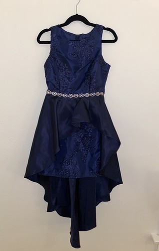 Rare Editions Girls 7 Navy Satin Embellished Waistband High Low Formal Dress