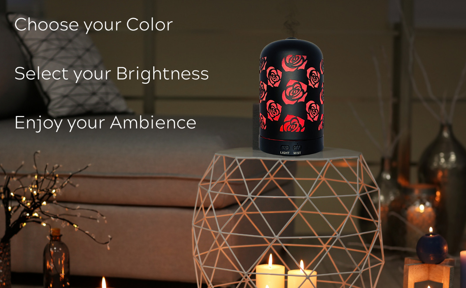 Black Rose Essential Oil Aromatherapy Diffuser, Humidifier & 7 LED Color Lamp 🌹