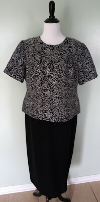 DONNA MORGAN Womens Petites Black Silver Sequin Floral Short Sleeve Dress Sz 16