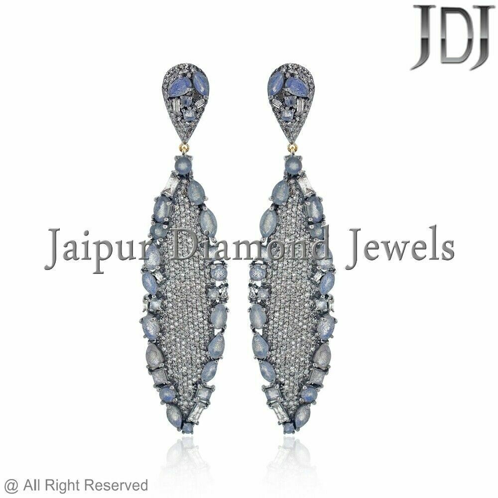 Original Labradorita Pavé de Diamante 925 Plata Pendientes Largos