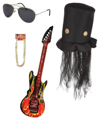 Slash Rock Star 80s Heavy Metal Fancy Dress Hat Blow Up Guitar Chain Glasses Set - 第 1/1 張圖片