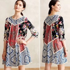 Anthropologie Vanessa Virginia Inez Embrodiered Swing Dress Boho Patchwork 2
