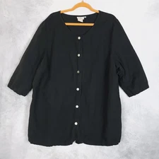 Hot Cotton Shirt Womens 3X Black Linen Blend Button Front 3/4 Sleeve Tunic