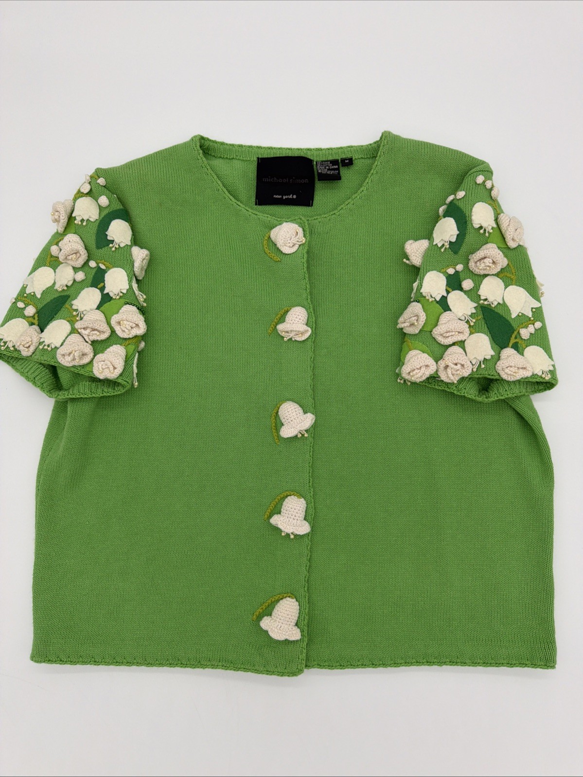 Vintage Michael Simon Women's Bright Green, Cotton Cardigan With Flowers Medium