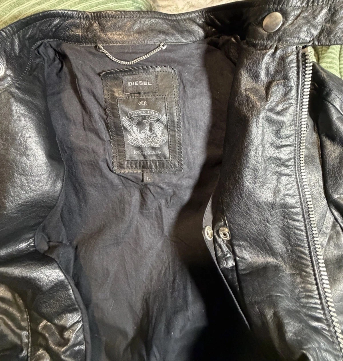 Diesel L-Neilor Men’s Black Leather Biker Jacket L Full Zip Pockets image 7