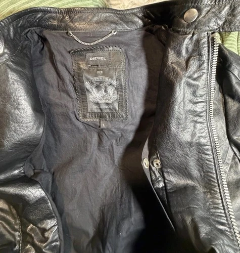 Diesel L-Neilor Men’s Black Leather Biker Jacket L Full Zip Pockets image 7