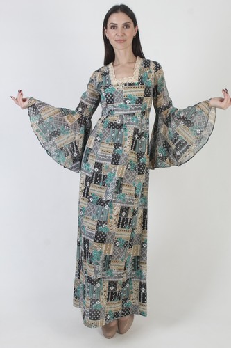 Vtg 70s Patchwork Dress Kimono Angel Sleeves Boho Wedding Prairie Cottage Maxi, $77.9 - Photo 4