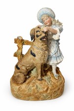 Antique Victorian Chalkware Figure Girl With Dog Candle Holder Spill Vase c.1900