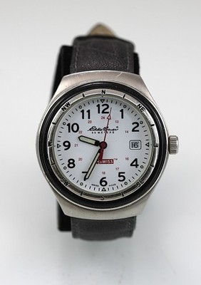 Eddie Bauer Watch Men Swiss Silver Stainless 50m Gray Leather Date White Quartz