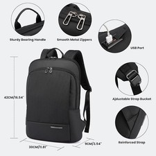 Powerking Slim Profile Laptop Backpack in Black with USB Charging Port - New