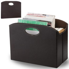 WRINGKIT Leather Magazine File Holder, Foldable Basket with Brown