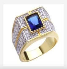 GOLD ROYAL BLUE SQUARE GEM RHINESTONE RING SIZE 7 8 9 10 11 12 13