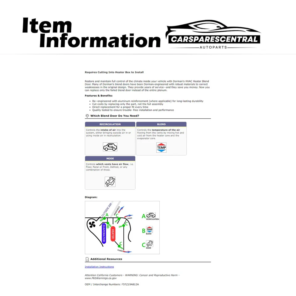 Kit de reparación de puerta Dorman HVAC mezcla para Mazda B4000 1994-2009 4,0 L Foto 3 de 4