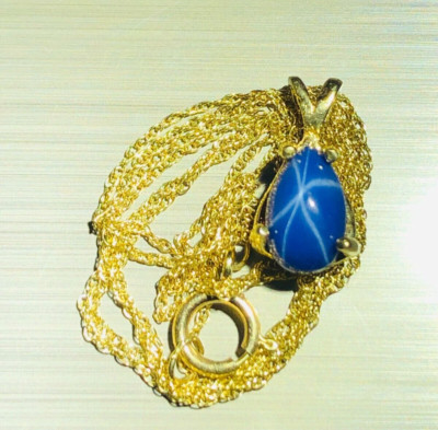 18K Gold Pendant & Synthetic Linde 6 Star 1 Ct. Blue Sapphire + 10K Necklace 19''