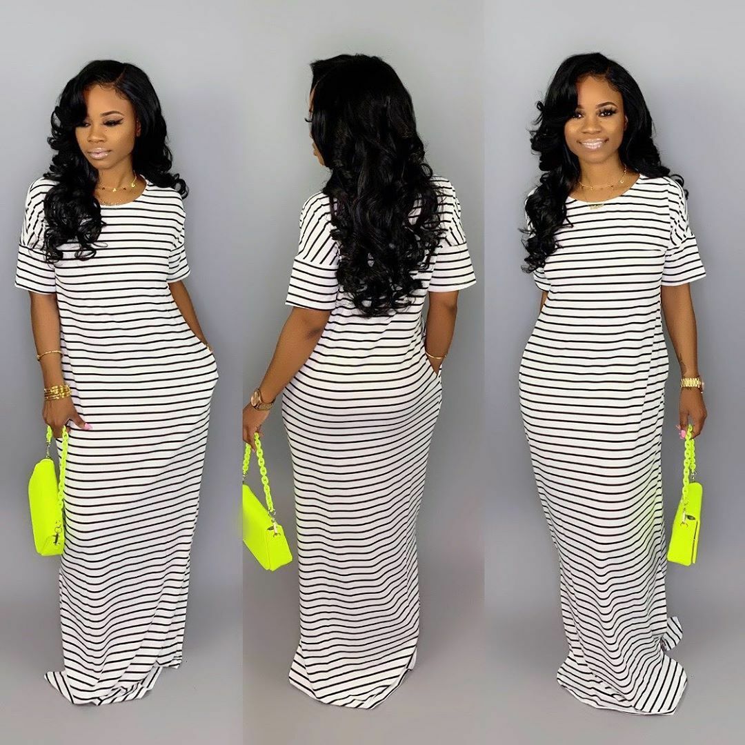New Summer Women Round Neck Short Sleeves Stripes Print Casual 