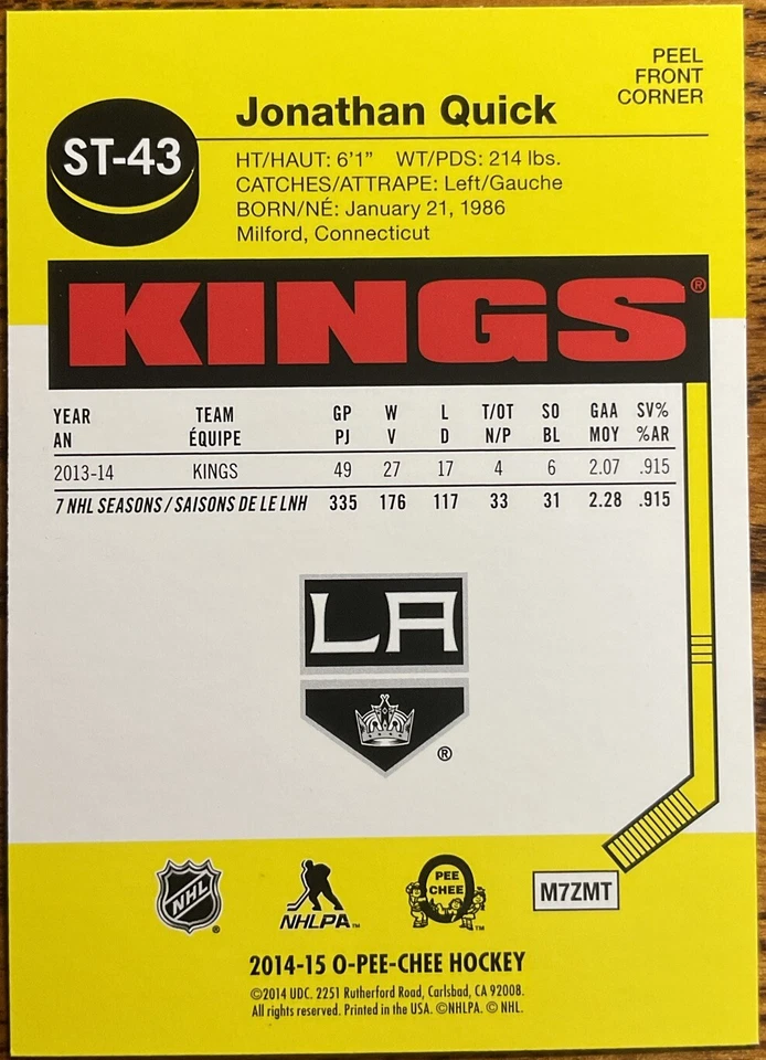 2014-15 O-Pee-Chee Stickers Jonathan Quick #ST-43 Los Angeles Kings - Image 2 of 2