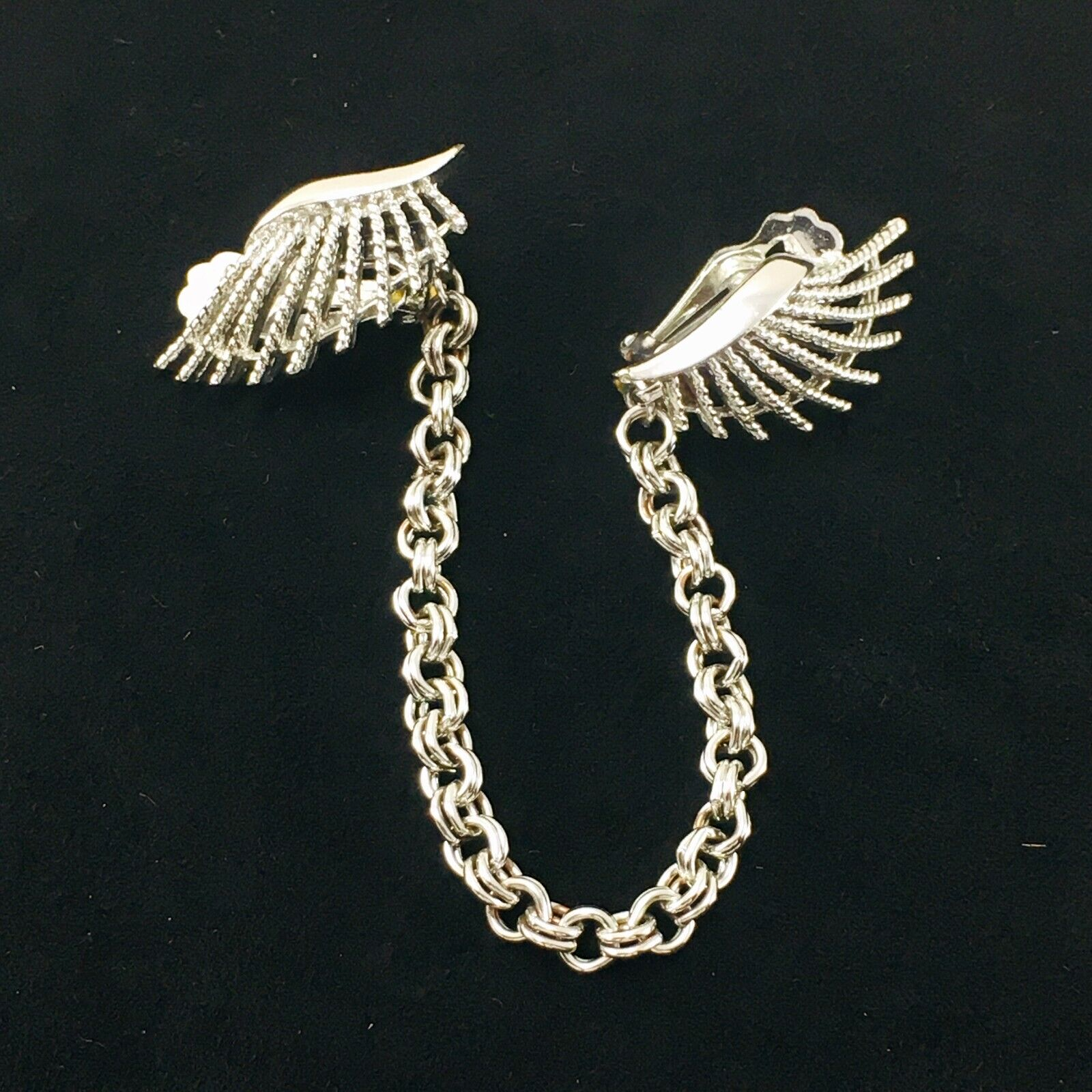 Vintage Wing Shaped Silver Tone Sweater Clip with Fan Design-image
