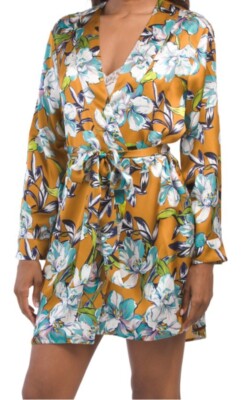 NWT LUNA DI SETA Women MEDIUM Silk Flowers Chevron Robe Kimono  Gold/Multi