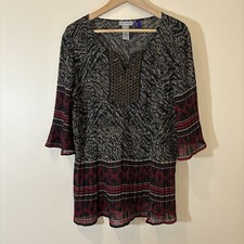 Catherines Womens Tunic Top OXP Pleated Mixed Print Beaded Stretch Boho